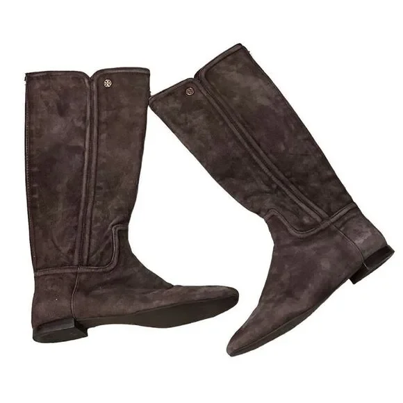 Tory Burch Irene chocolate brown suede with gold hardware design equestrian ridi - Picture 1 of 16